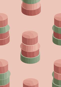 Geometric pattern featuring stacked cylindrical shapes in shades of pink and green on a neutral background vector