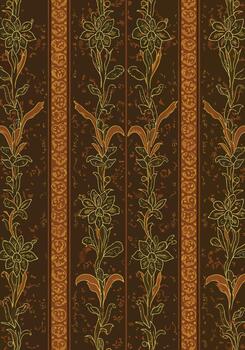 Elegant floral pattern design with vertical stripes and detailed botanical elements on a brown background vector