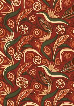 Decorative seamless pattern with stylized flowers, feathers, and spiral elements on a red background vector