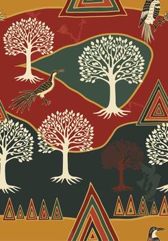 Decorative seamless pattern featuring trees, birds, and geometric shapes in a warm color palette vector