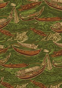 Decorative seamless pattern with various boats floating on a river with green water and stylized elements vector