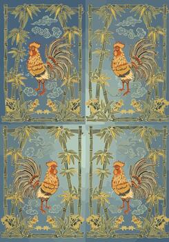 Decorative Illustration of Roosters with Bamboo and Clouds in a Repeating Pattern Design vector