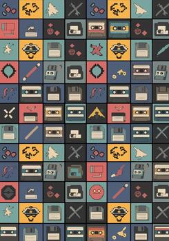 Colorful retro pixel art pattern design featuring cassette tapes and floppy disks in a grid vector