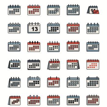 Collection of modern flat calendar icons in various designs and colors representing dates and time organization for digital interfaces vector