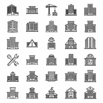 Collection of modern building icons and architectural elements with crane and tools on white background, illustration vector