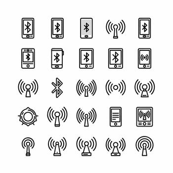 Collection of Mobile Device Icons Including Bluetooth, Wi-Fi Signals, and Network Antennas vector