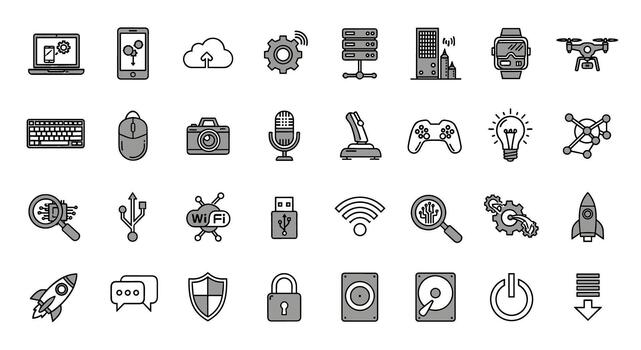 moderno tecnología y digital innovación íconos conjunto presentando dispositivos, conectividad, y datos Procesando, Arte vector