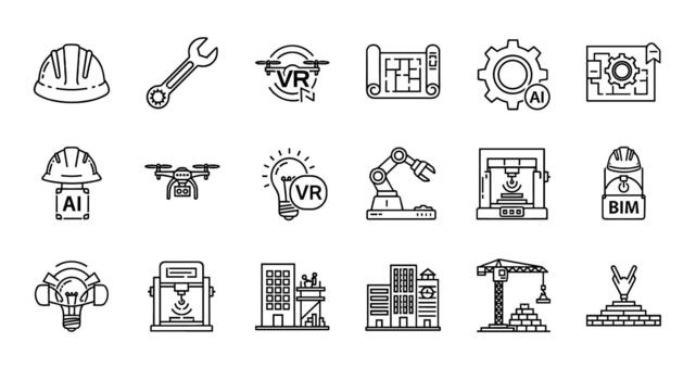 Modern Construction and Engineering Icons Set Featuring AI, VR, BIM, Drones, Robots, Blueprints and Buildings vector