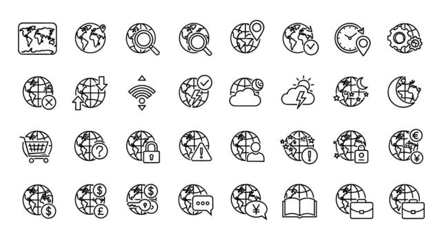 global red íconos conjunto representando varios comunicación y negocio conceptos con diverso Internet símbolos y mundo mapa ilustraciones vector