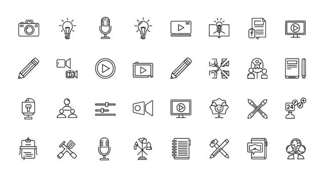 Diverse Set of Line Art Icons Representing Communication, Business, Technology, and Creativity Concepts vector