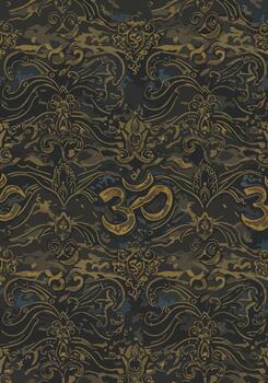 intrincado repitiendo modelo de om símbolo y florido decorativo elementos en un oscuro antecedentes vector