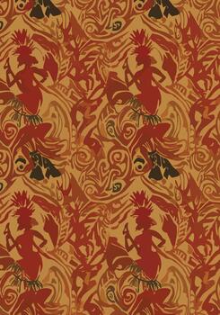 Intricate repeating pattern featuring stylized silhouettes of dancers and abstract tribal elements. vector