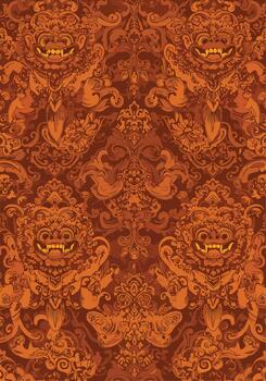 Intricate repeating pattern featuring Balinese demon faces and ornate swirling decorative elements vector