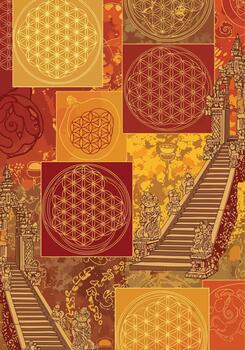 Intricate illustration showcasing a mystical staircase design with geometric flower of life patterns vector