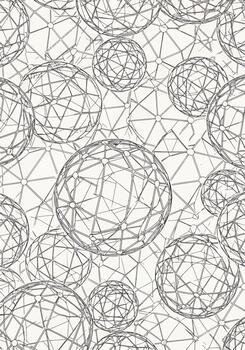 Intricate line art illustration featuring interconnected spheres and a complex network pattern design. vector