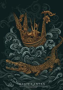 Intricate illustration of a traditional boat with a figure and a crocodile in the ocean. vector