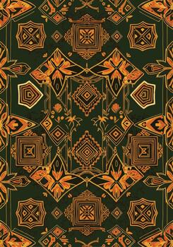 intrincado geométrico modelo diseño con simétrico elementos en calentar naranja y oscuro verde tonos vector