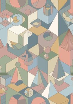 intrincado geométrico ilustración con vistoso 3d formas y resumen isométrica diseño elementos vector