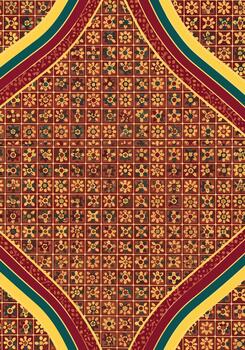 intrincado floral modelo diseño con cuadrado losas, florido fronteras y Rico calentar color paleta vector