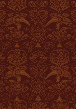 Intricate brown patterned design featuring stylized birds and floral elements in a repeating format vector