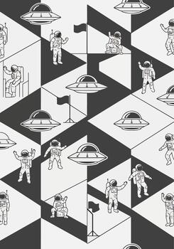 Illustrated pattern of astronauts, spaceships, and flags arranged on a geometric background. vector