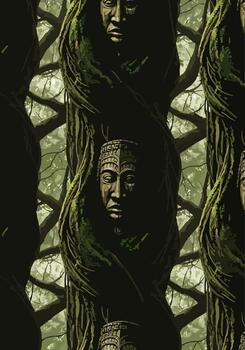 Illustration of ancient stone faces emerging from intertwined trees in a lush forest setting vector