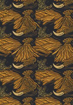 Golden illustration of a repeating pattern featuring volcanoes, tusk-like shapes, and waves design vector