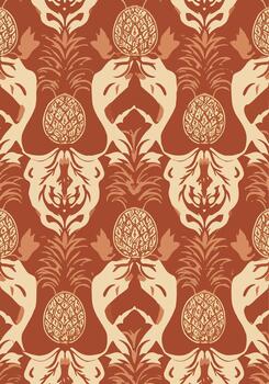 Elegant seamless repeating pattern featuring stylized pineapples and decorative floral elements vector