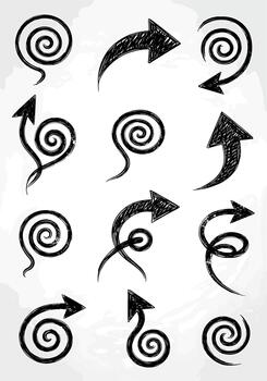 Hand Drawn Arrows Set Collection Swirl Circular Motion Pointer Symbols Graphic Design Elements Isolated Black And White vector