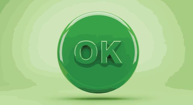 Glossy Green OK Button Icon 3D Rendered with Subtle Shadows and Soft Gradient Background vector