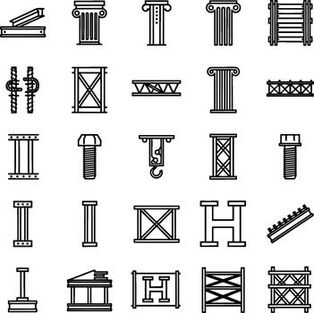 construcción industria edificio elementos icono conjunto presentando columnas vigas tornillos andamio y cajas en blanco antecedentes vector