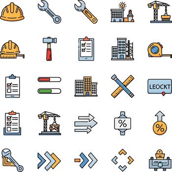 Construction icons set, engineering tools, buildings, safety helmet, crane, checklist, and progress bar graphics vector