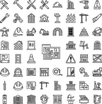 Construction Icons and Symbols Set Graphics Building Tools Equipment and Architecture Elements in Outline Style vector