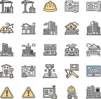 Construction Building Icons Set, Architecture Symbols, Engineering Tools, Safety Helmets, House Blueprints, and Various Structures vector