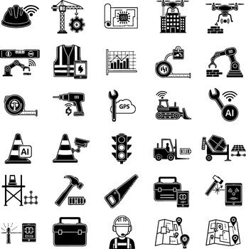Construction and Technology Industry Icons Set with Smart Solutions AI Robotics and Digital Tools vector