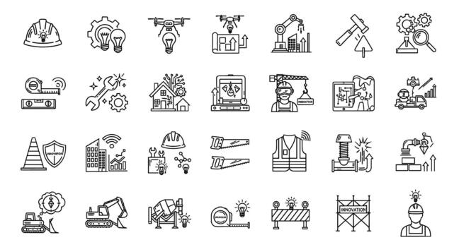 Construction Industry Innovation and Technology Icons Featuring Hard Hats, Drones, Robots, and Tools for Building Projects vector