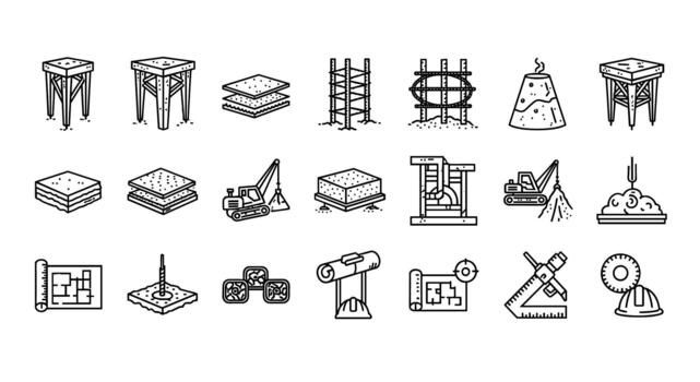 construcción industria íconos conjunto edificio elementos andamio hormigón estructuras y Ingenieria herramientas para arquitectónico diseño vector