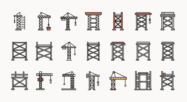 Construction Tower Crane Scaffolding Building Structure Icon Set Graphic Element Collection vector