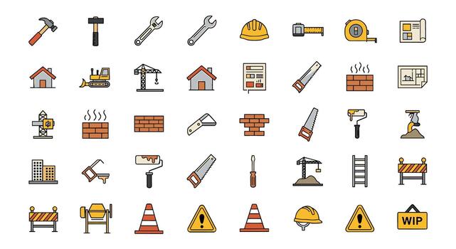 Construction Tools and Building Elements Set Diverse Icons Collection for Industry and Architecture Projects vector