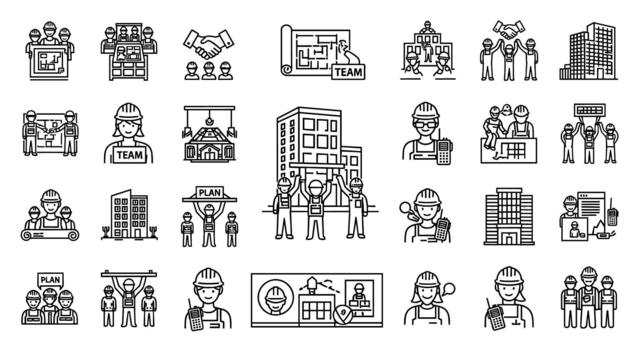 Construction Team Collaboration Architectural Blueprints Engineering Project Management and Building Development Icons Set vector