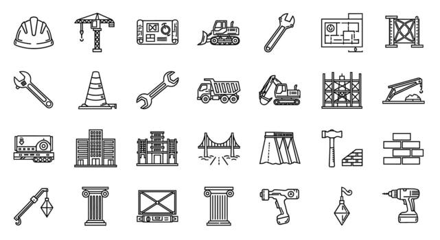 Construction site icons set of tools and equipment for building and engineering industry projects and infrastructure development vector