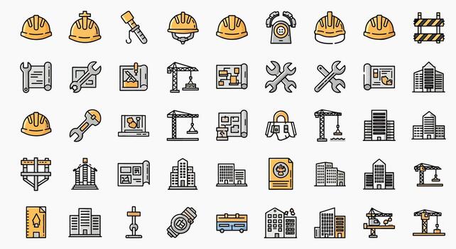 Construction Site Icons Set Building Tools Hard Hats Cranes Blueprints Architecture and Engineering Elements vector
