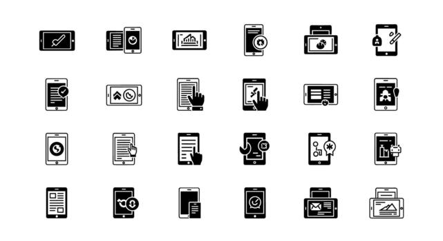 colección de plano diseño íconos representando móvil dispositivos y digital tecnología interfaces, usuario Interacción y datos administración vector