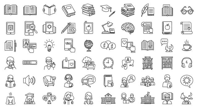 colección de plano diseño íconos representando educación, aprendiendo, y conocimiento con libros, graduación tapas, y digital dispositivos vector