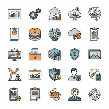 Diverse finance and business icons representing data analysis, cloud computing, and financial growth, money, protection, and teamwork vector