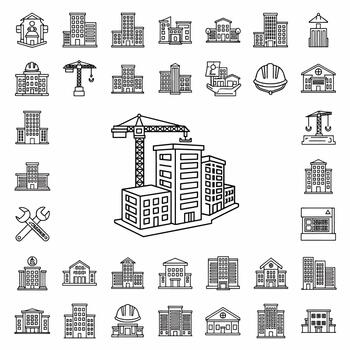 Diverse Collection of Building and Architecture Icons and Symbols Representing Construction and Urban Development vector