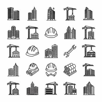 Diverse collection of construction and architecture icons including buildings, cranes, and hard hats, perfect for design projects. vector