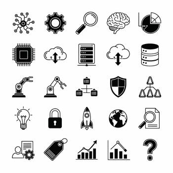 digital tecnología y negocio icono conjunto presentando cerebro, engranaje, robot brazo, nube, y analítica cartas vector