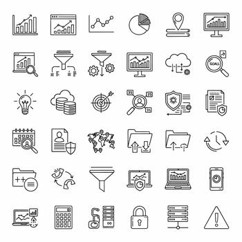 Data Analysis Icons Set, Business Growth Charts, Financial Analytics Tools, Technology Concepts and Security Symbols vector