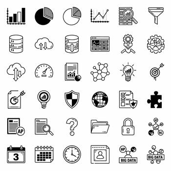 datos análisis íconos conjunto presentando cartas bases de datos nubes seguridad global red ligero bulbo objetivo y más vector